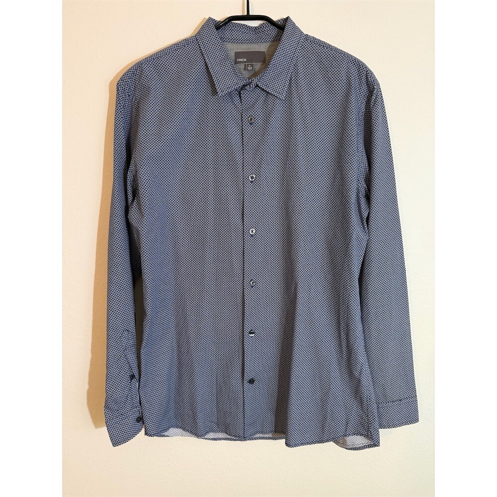 Vince Men's Button-Up Shirt XL Blue White Micro Geometric Print Long